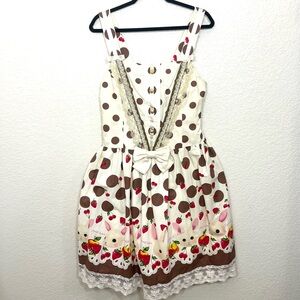White Rabbit and Strawberry Polka Dot Print Retro Dress Size L